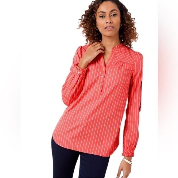 Talbots 100% cotton, coral & white pinstriped button-down ruffle trim shirt Sz L - Picture 15 of 15